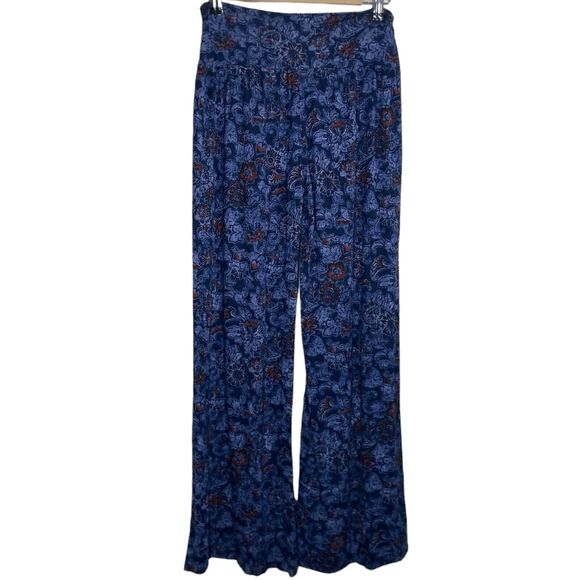 Lucky Brand Pants Womens M Blue Wide Leg Flare Flowy Pullon Boho Floral Stretch - Picture 2 of 8